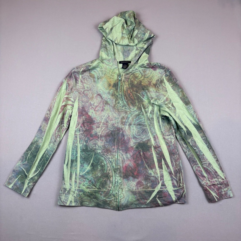 Susan Lawrence Womens XL Paisley Print Zip Up Hoodie Sweatshirt Light Green